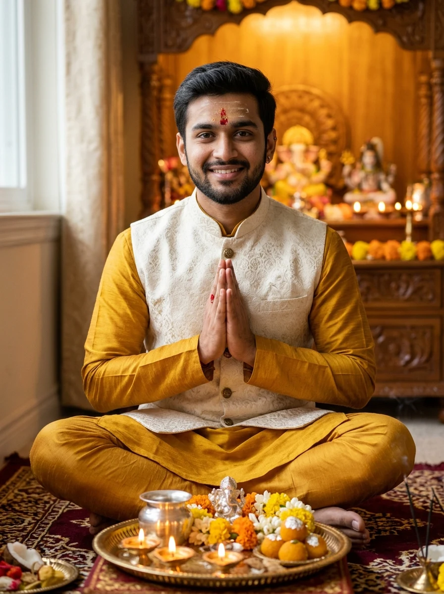Traditional birthday prompt for boy - raw silk kurta puja thali and mandir blessings