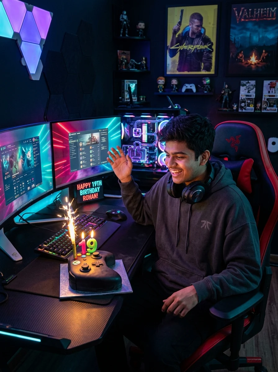 Gamer birthday prompt for boy - RGB battlestation dual monitors and gaming controller cake