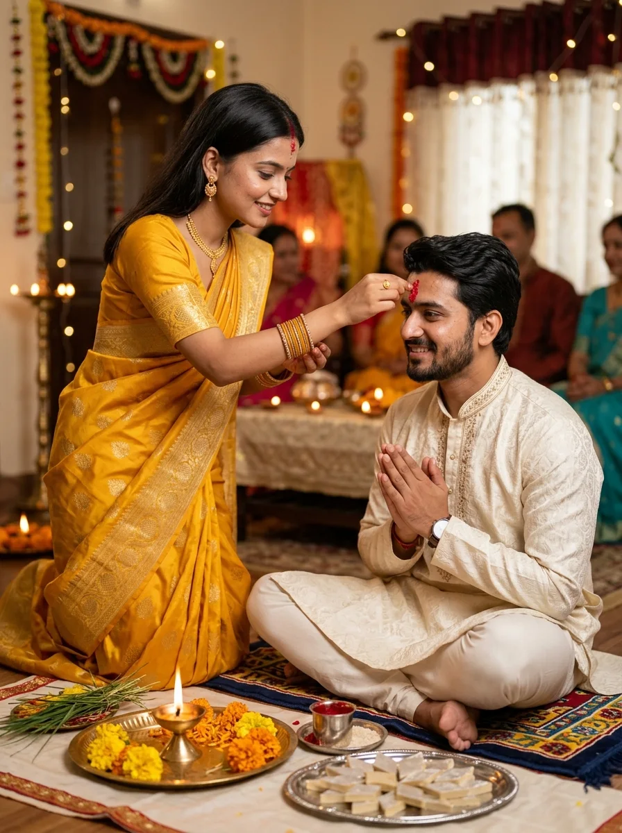 Traditional Bhai Tika ceremony brother and sister prompt for Gemini AI