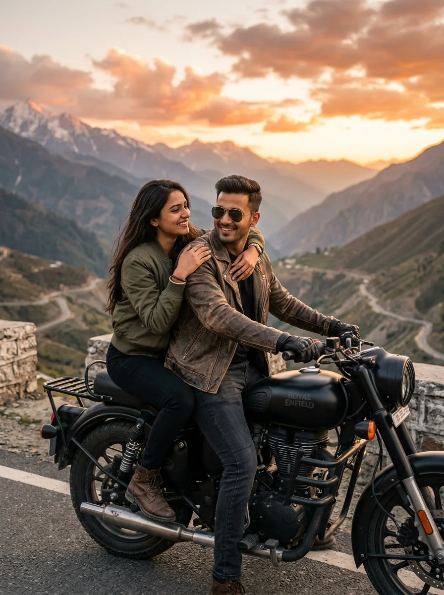 Mountain road trip Royal Enfield brother and sister prompt for Gemini AI