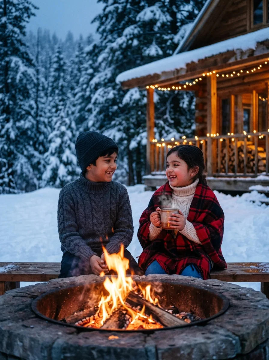 Kids winter snow cabin bonfire brother and sister prompt for gemini ai kids