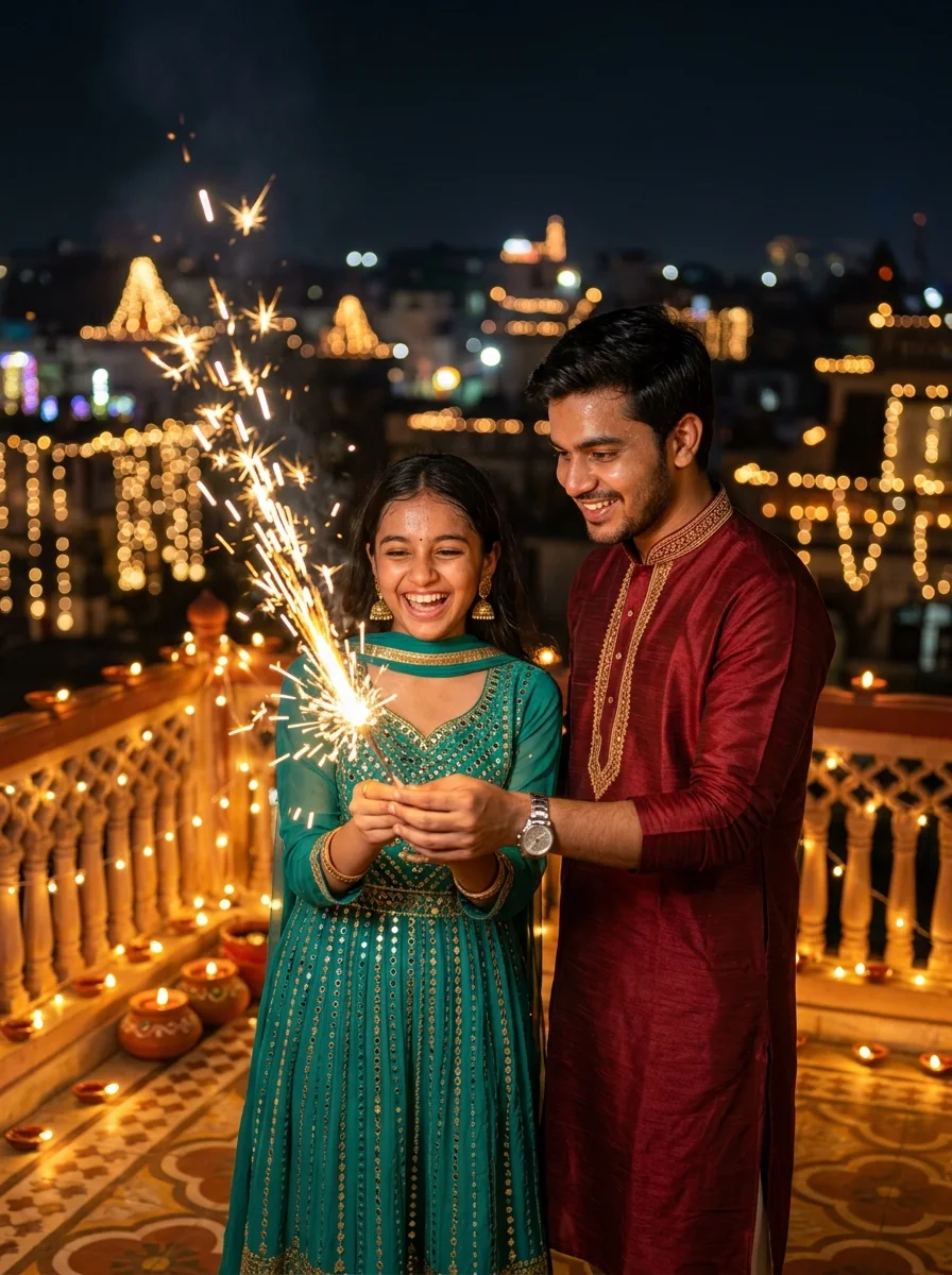 Festive terrace night sparklers brother and sister prompt for Gemini AI