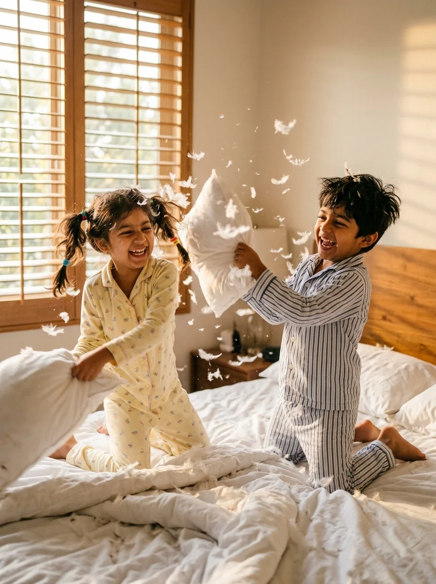Brother and sister prompt for gemini ai kids pillow fight candid photography