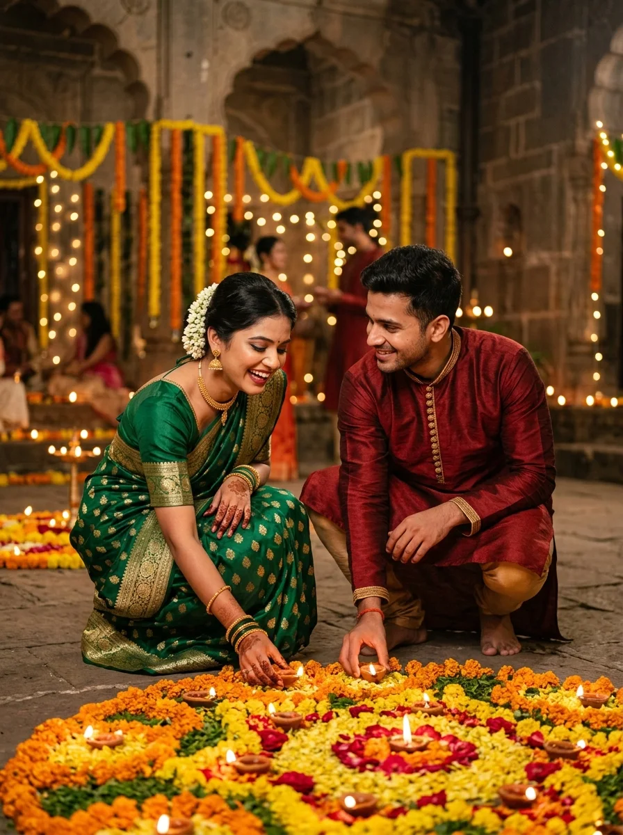 Festive Diwali flower rangoli brother and sister prompt for Gemini AI