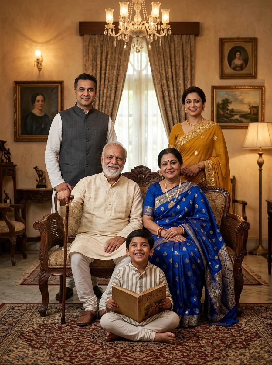 ChatGPT Indian family photo prompt - three-generation heritage living room portrait with carved settee