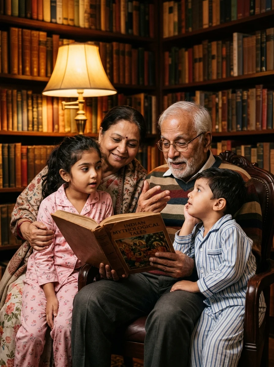 ChatGPT Indian family photo prompt - grandparents reading storybook to grandchildren in library