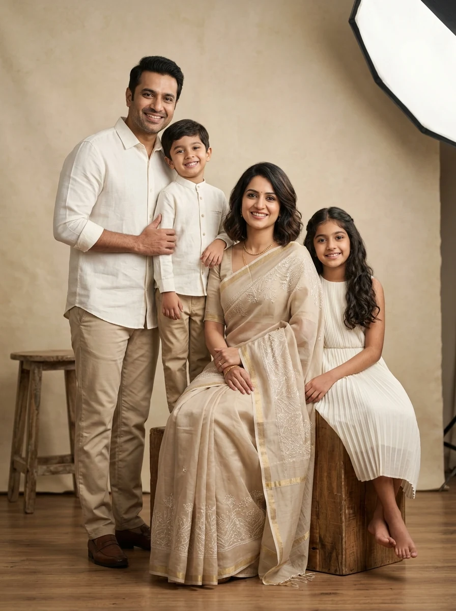 Indian family photo ideas in studio - minimalist cream linen coordinated family photoshoot