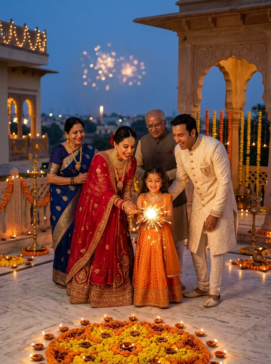 ChatGPT Indian family photo prompt - Diwali celebration on palace terrace with sparklers and diyas
