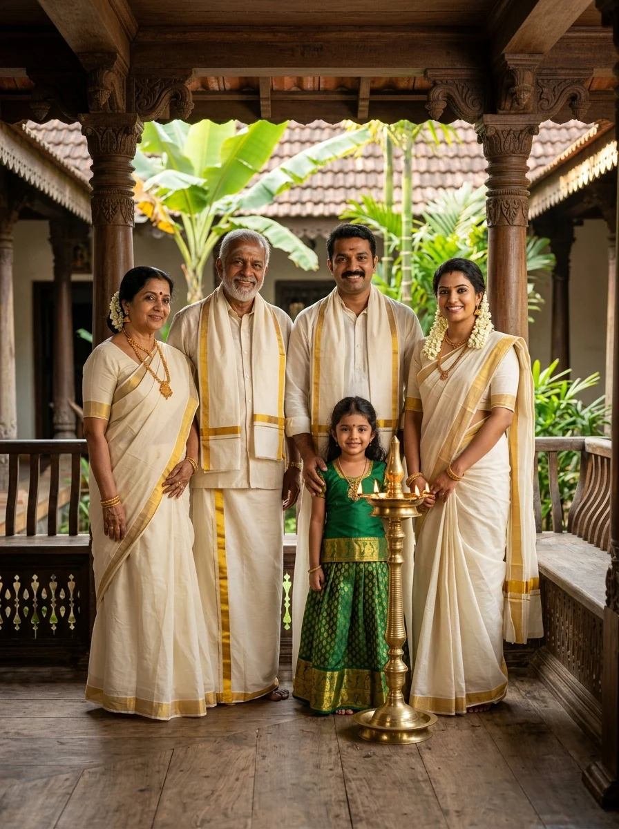 South Indian family photo prompt - Kerala Kasavu mundu and golden temple jewelry on heritage veranda