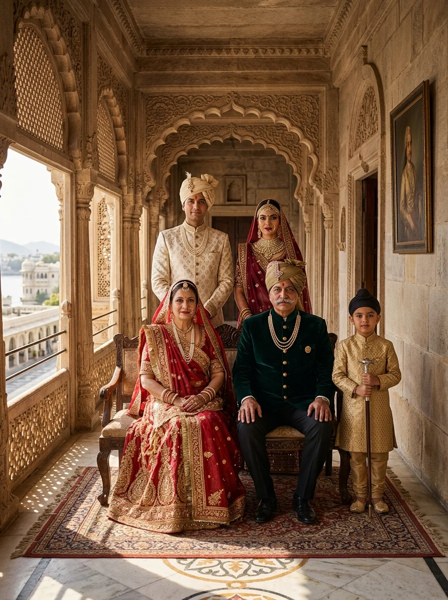 Royal Rajputana family AI photo prompt - velvet bandhgala and royal poshak in Udaipur palace