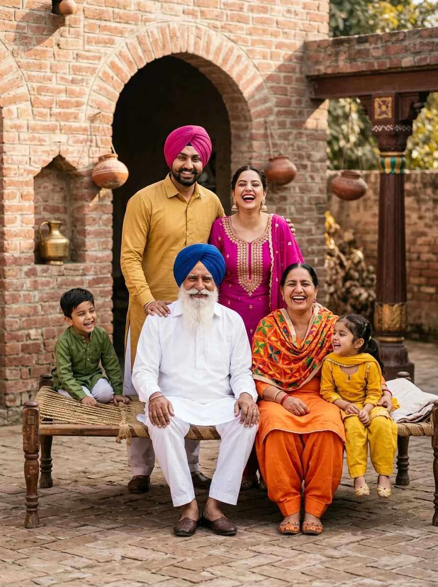 Punjabi family photo prompt - colourful phulkari dupattas and turbans in rustic Punjab haveli