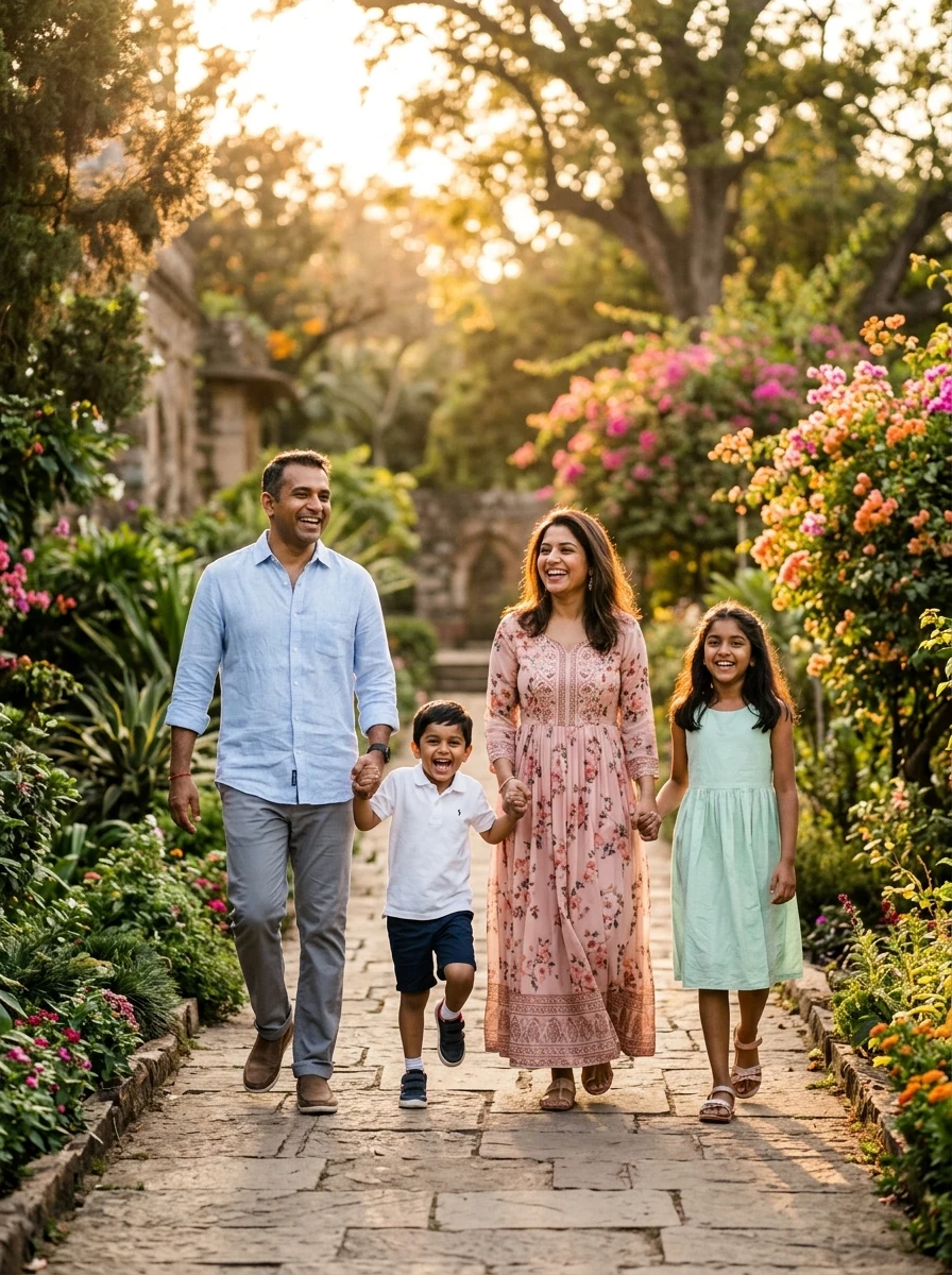 Indian family outdoor photoshoot ideas - sunset golden hour garden walking portrait