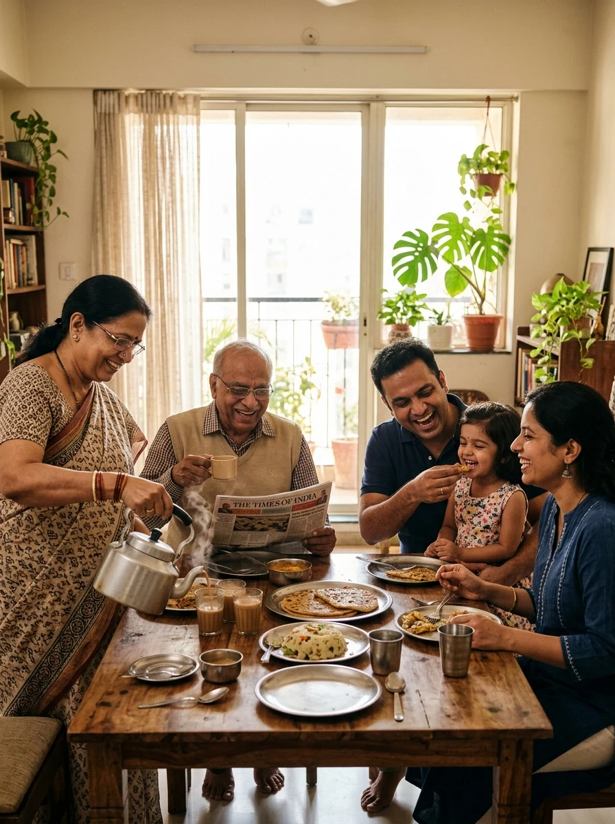 ChatGPT family pack prompt - Indian family breakfast morning chai candid scene
