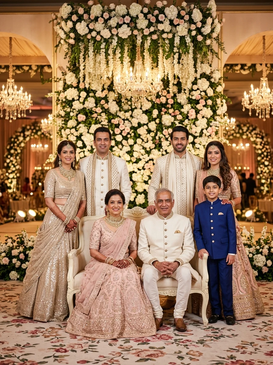 Indian family photo ideas wedding - designer couture pastel lehengas on floral reception stage