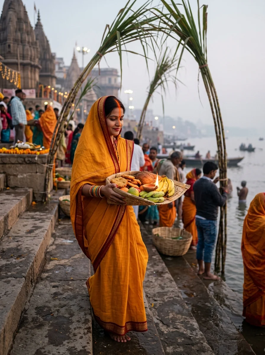 Carrying bamboo Daura basket Chhath Puja ghat prompt for Gemini AI