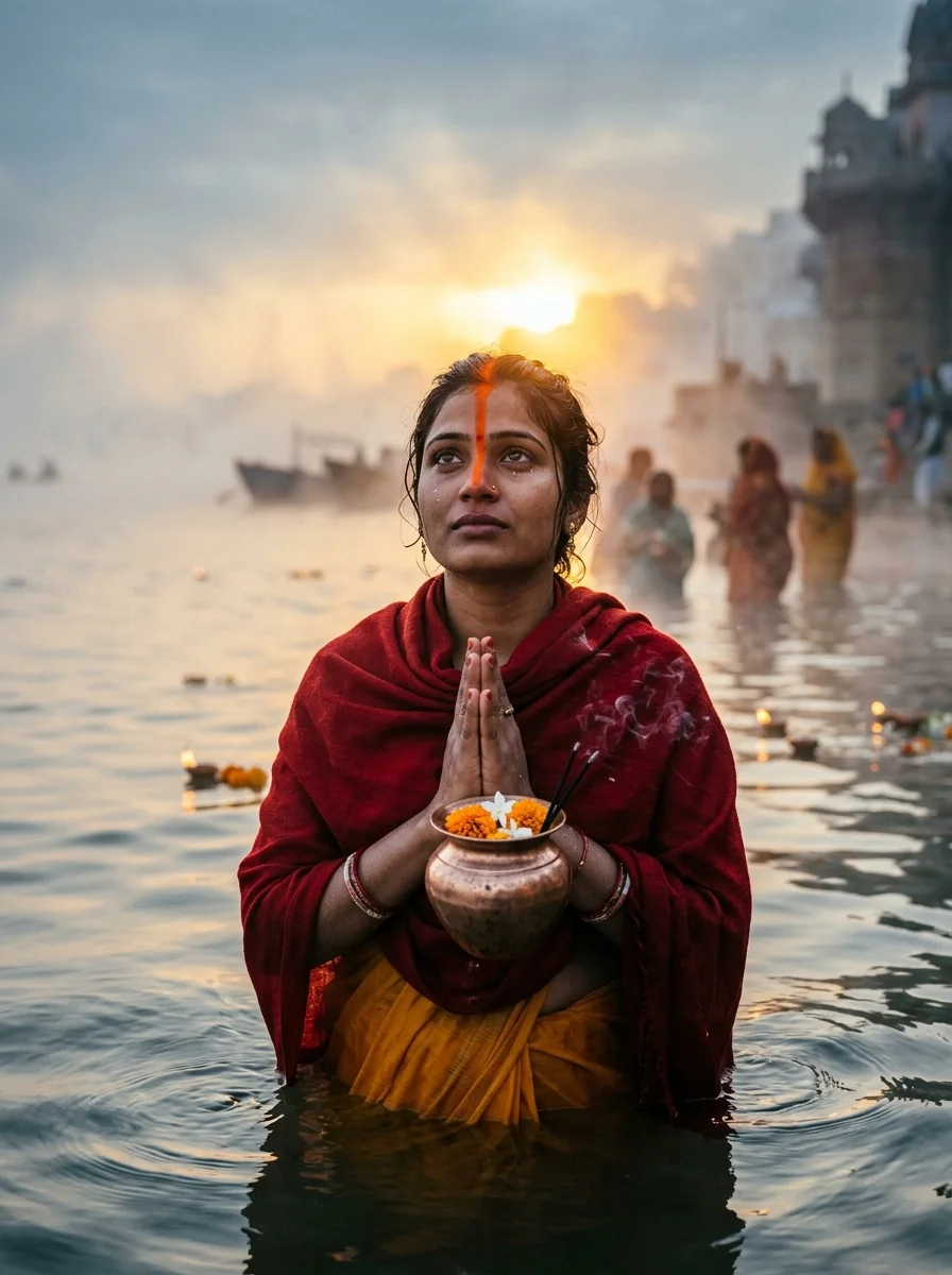Cold dawn mist Usha Arghya Chhath Puja prompt for Gemini AI