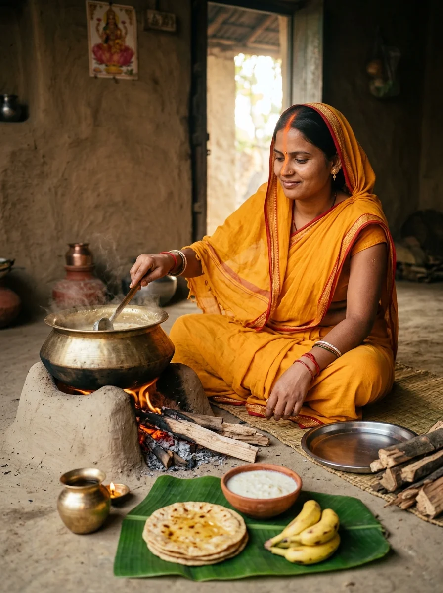 Kharna evening prasad clay stove jaggery kheer prompt for Gemini AI