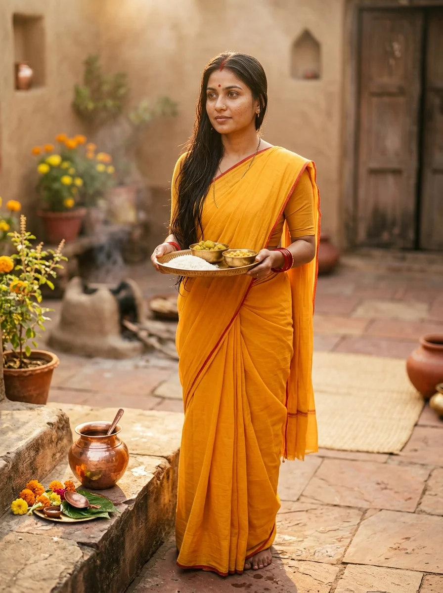 Nahay Khay yellow saree morning holy bath prompt for Gemini AI
