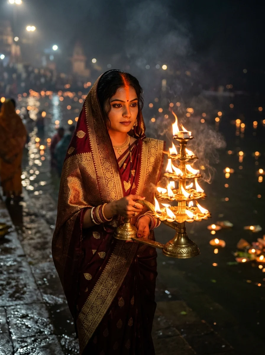 Night river ghat aarti camphor flame Chhath Puja prompt for Gemini