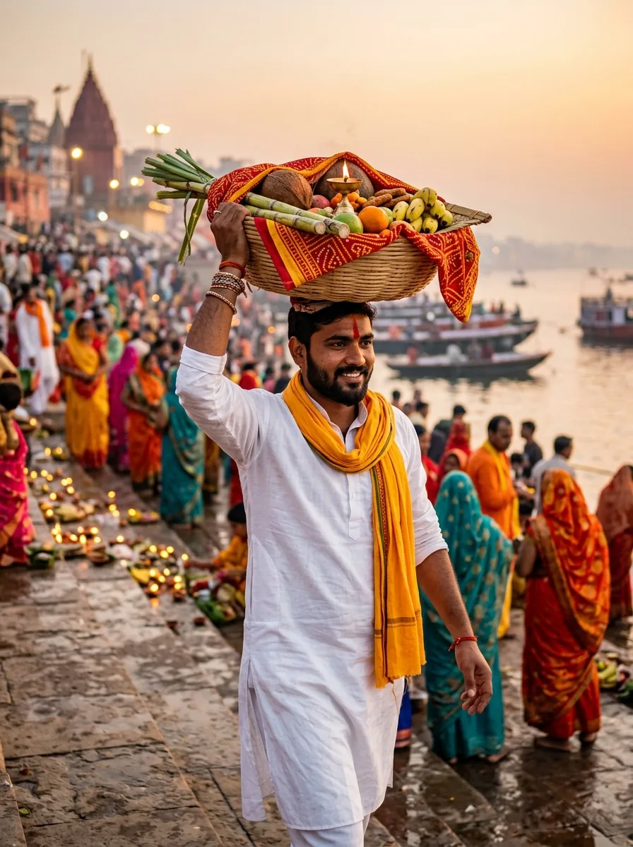 Carrying bamboo Daura basket Chhath Puja ghat prompt for Gemini AI photo boy