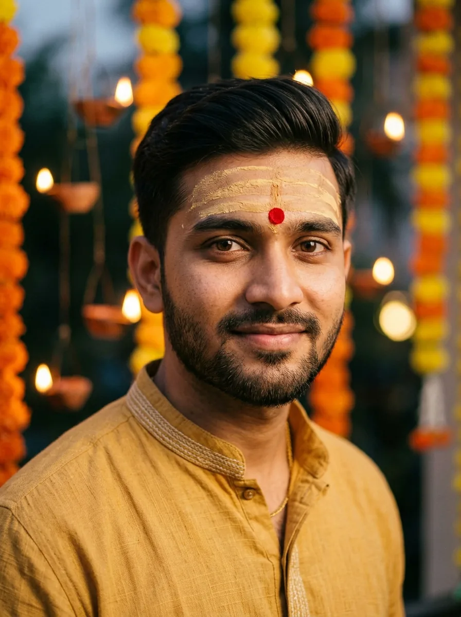 Devotional chandan tilak portrait Chhath Puja boy prompt for Gemini