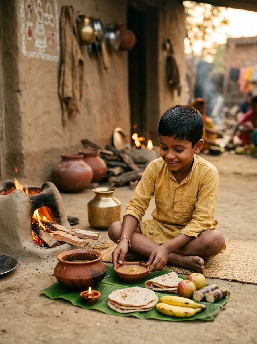 Kharna evening prasad clay stove jaggery kheer prompt for Gemini AI photo boy