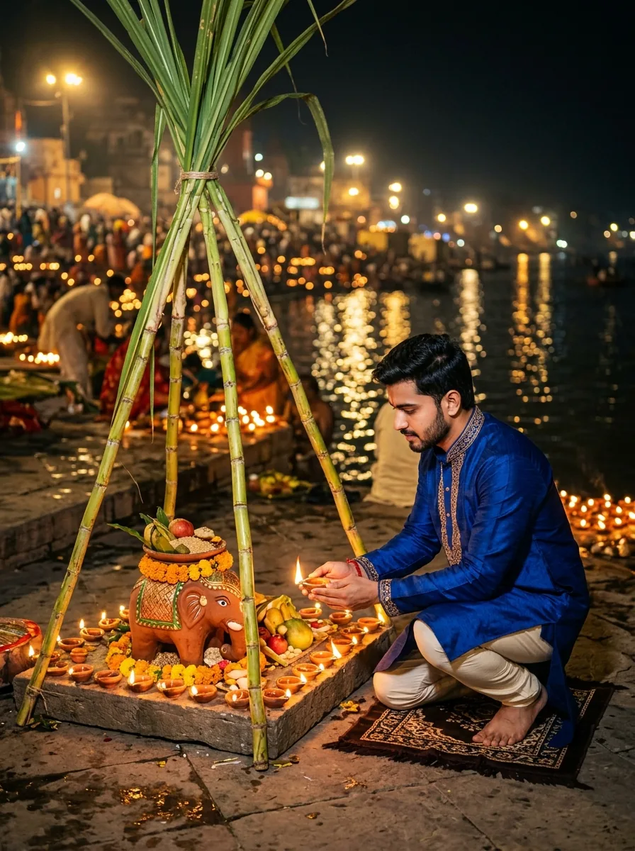 Chhath Puja Kosi sugarcane mandap clay elephant and diyas prompt for Gemini boy