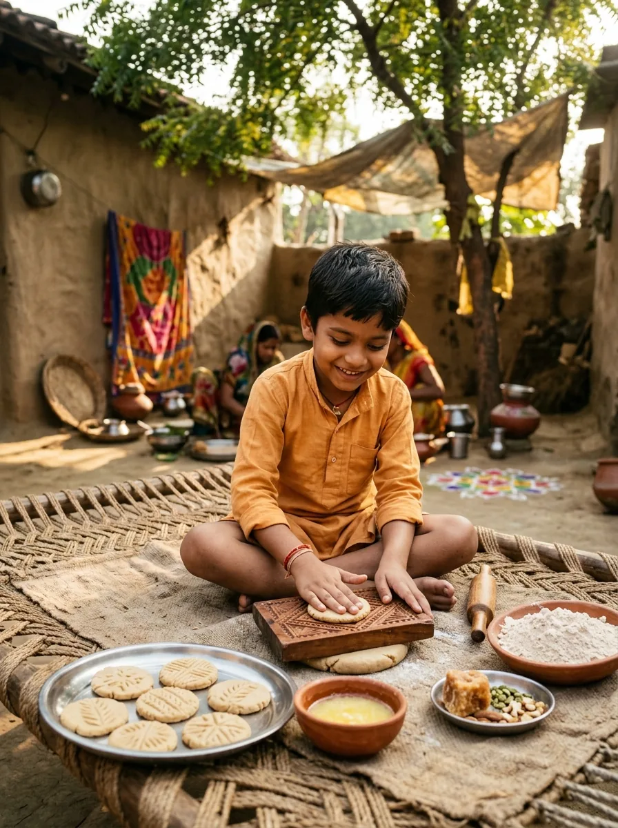 Preparing Thekua prasad wooden sancha mold Chhath Puja boy prompt for Gemini