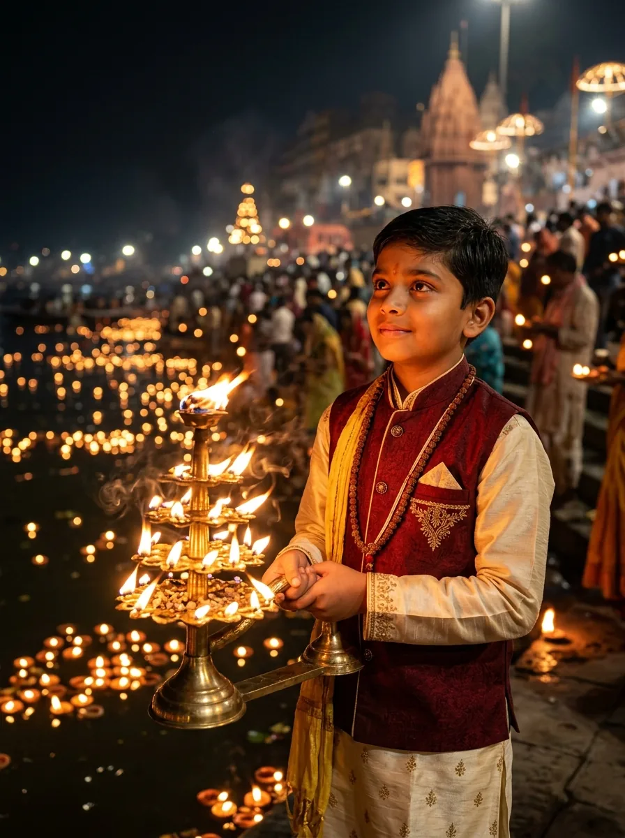 Night river ghat aarti camphor flame Chhath Puja boy prompt for Gemini