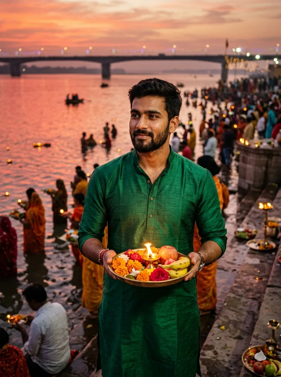 Patna Ganga ghat stone stairs sunset Chhath Puja boy prompt for Gemini