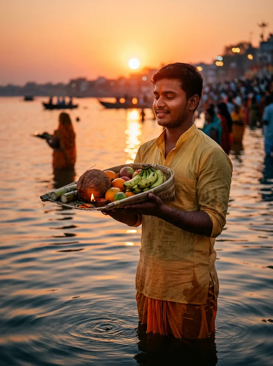 Chhath Puja Sandhya Arghya sunset bamboo soop prompt for Gemini AI photo boy