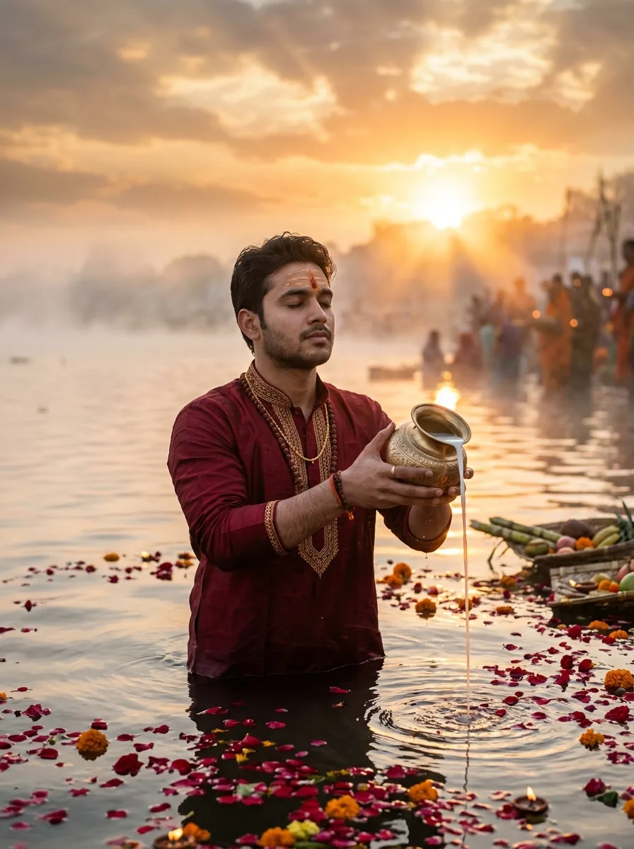 Chhath Puja Usha Arghya dawn milk offering prompt for Google Gemini boy