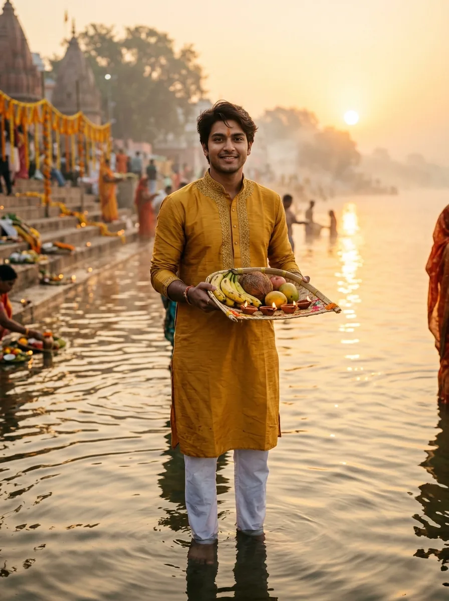 Yellow kurta bamboo soop in river Chhath Puja boy prompt for Gemini