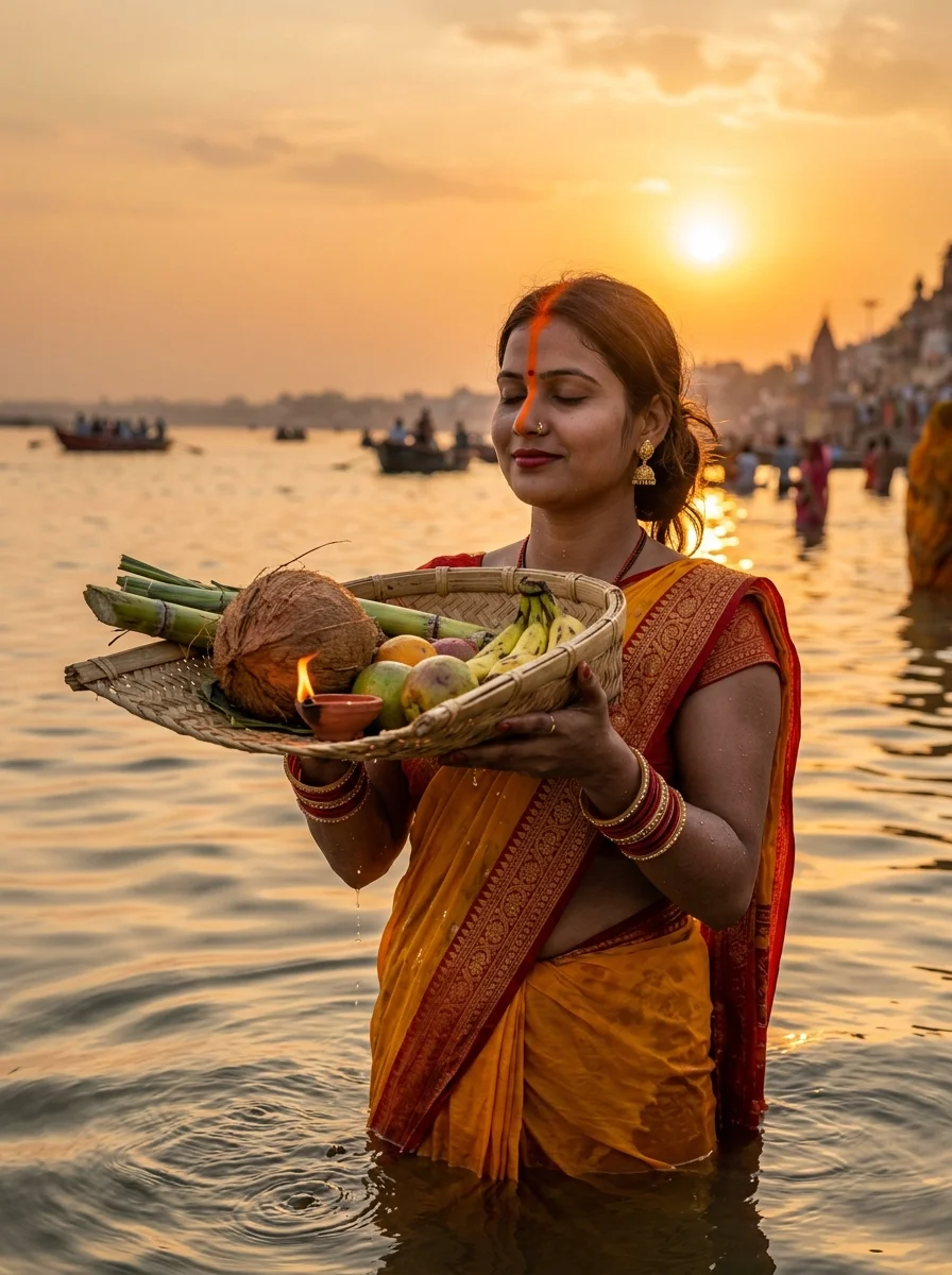 Chhath Puja Sandhya Arghya sunset bamboo soop prompt for Gemini AI