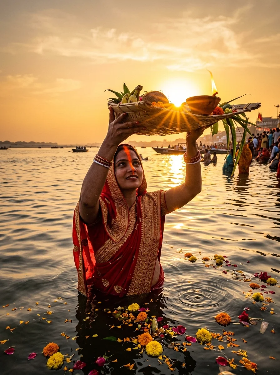 Water level Chhath Puja soop offering floating petals prompt for Gemini