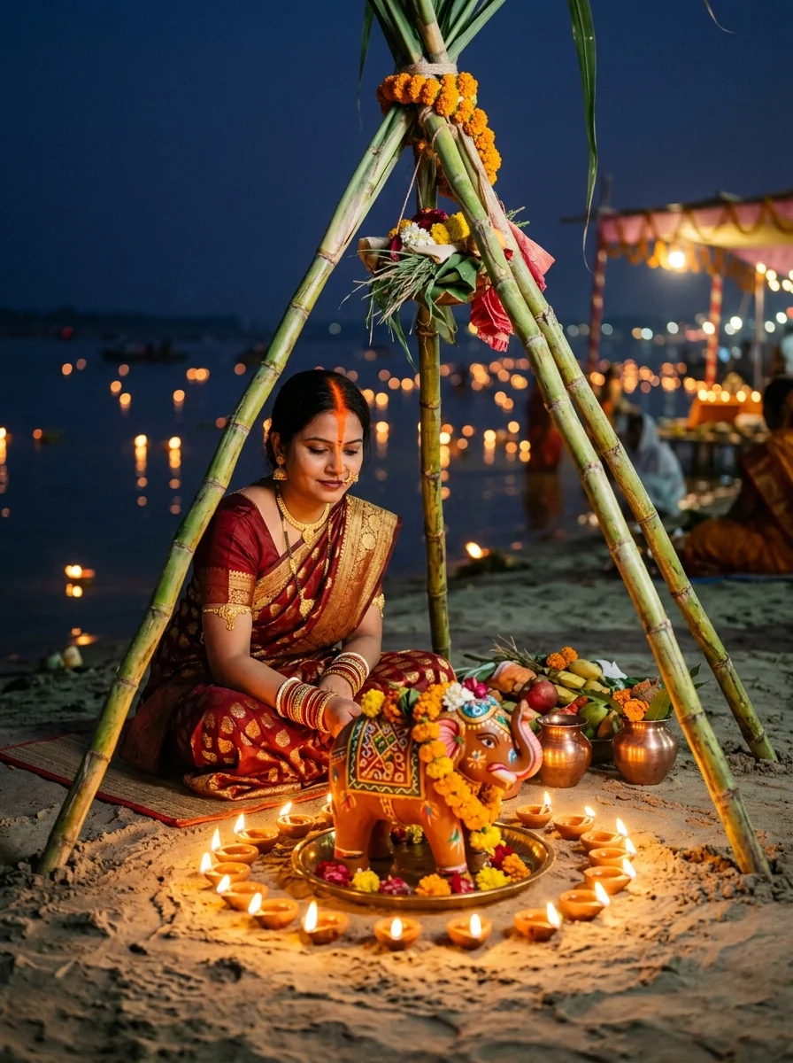 Chhath Puja Kosi sugarcane mandap clay elephant and diyas prompt for Gemini