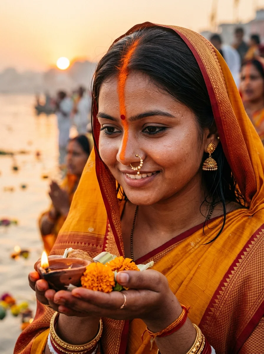 Traditional long orange sindoor portrait Chhath Puja prompt for Gemini