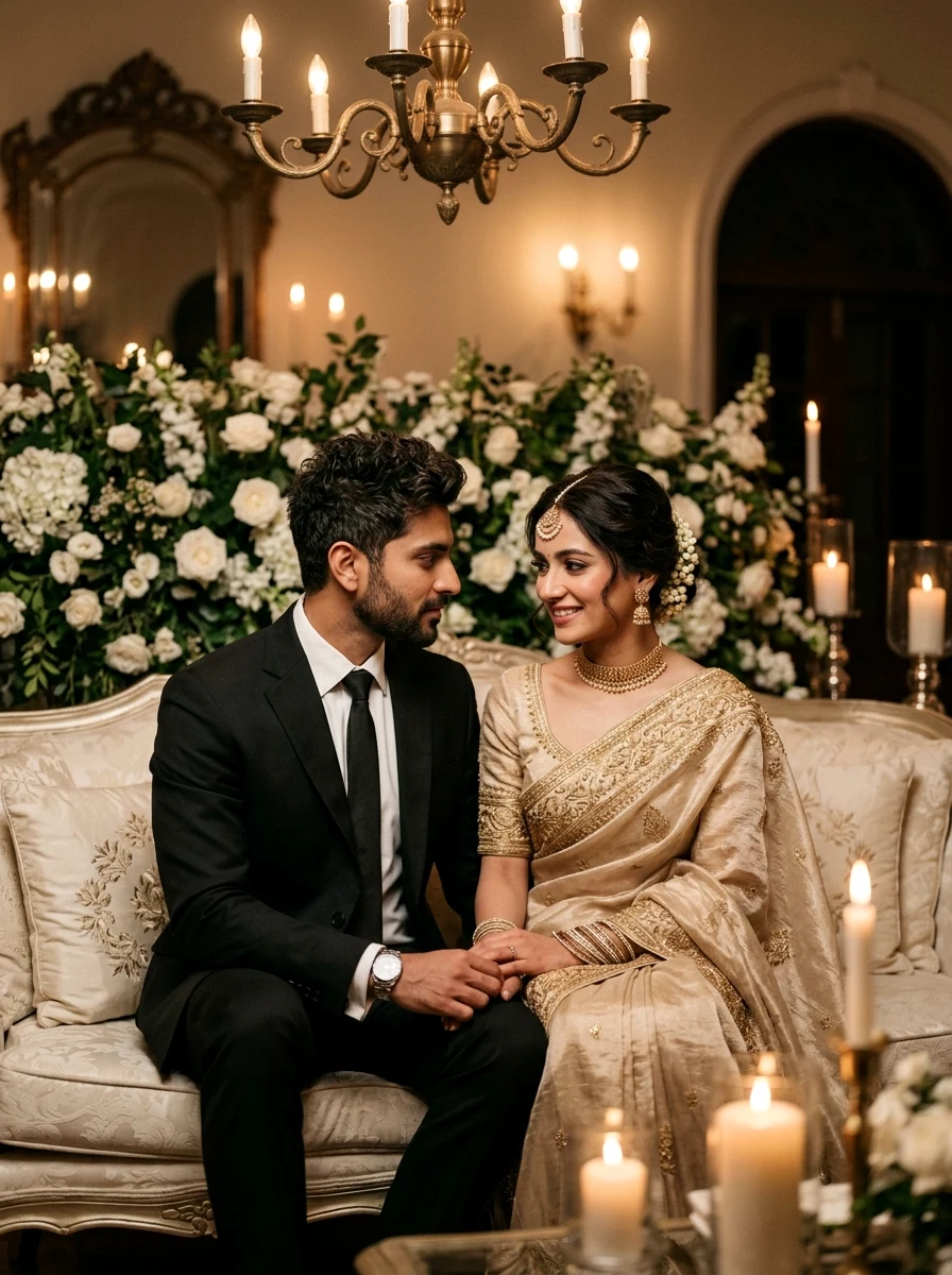 Couple aesthetic prompt ChatGPT royal Alfaaz champagne gold saree and velvet tuxedo