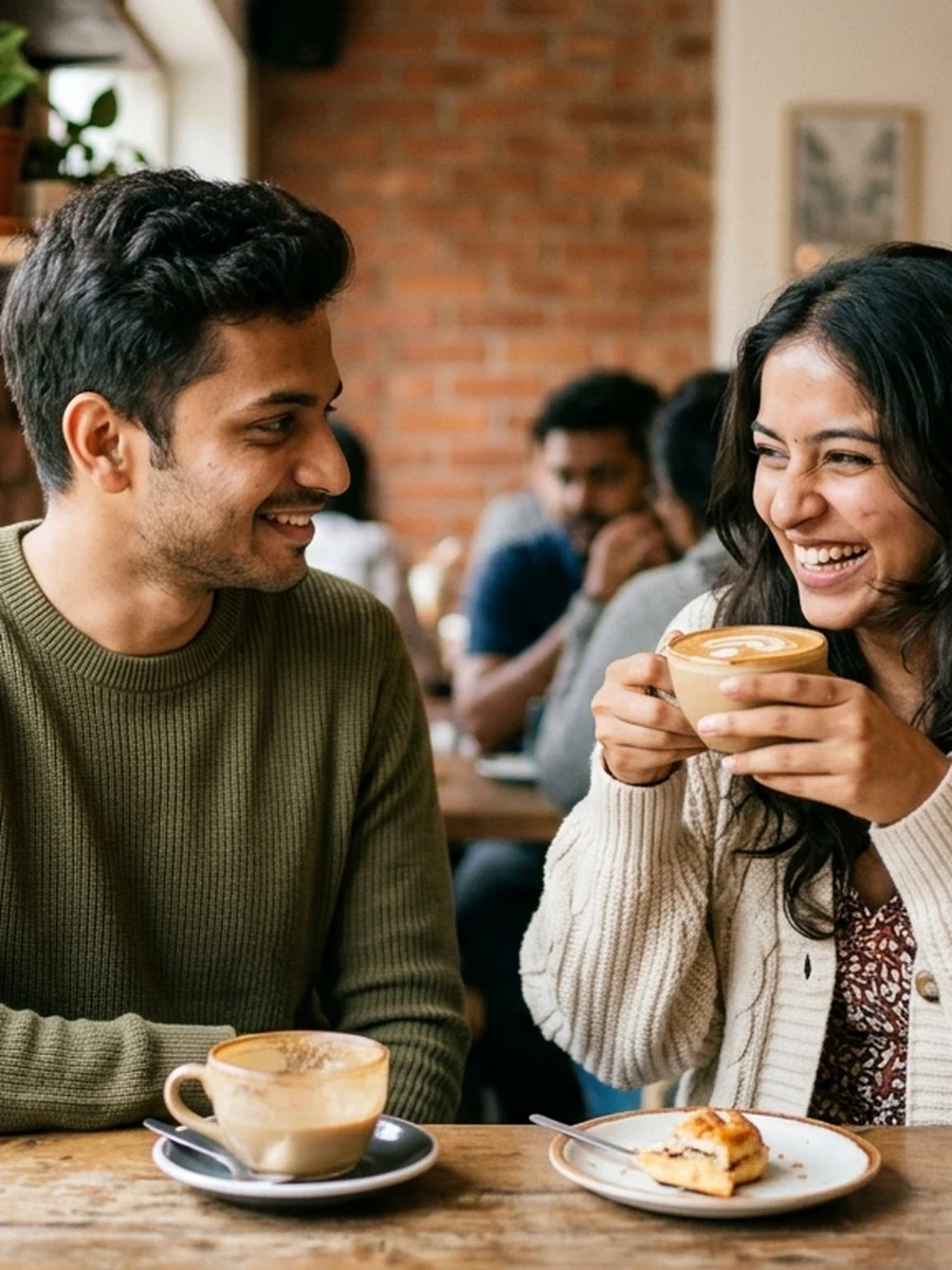 Candid couple aesthetic photo prompt ChatGPT artisan coffee shop table laughter