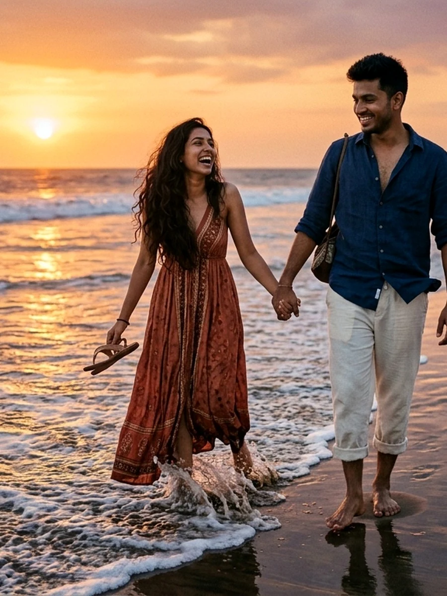 Barefoot golden hour sunset beach walk couple aesthetic prompt ChatGPT