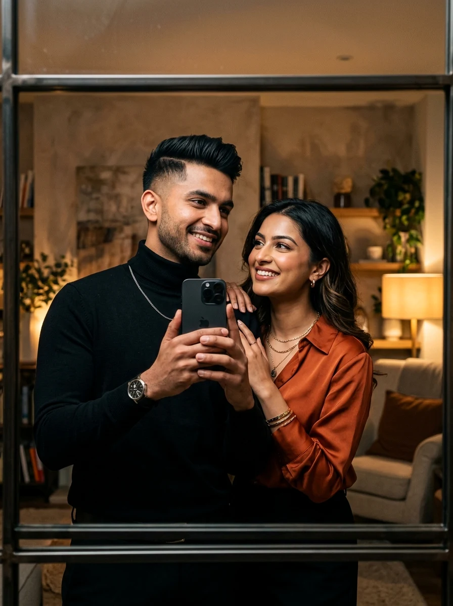 Couple aesthetic photo prompt ChatGPT candid mirror selfie modern date outfits