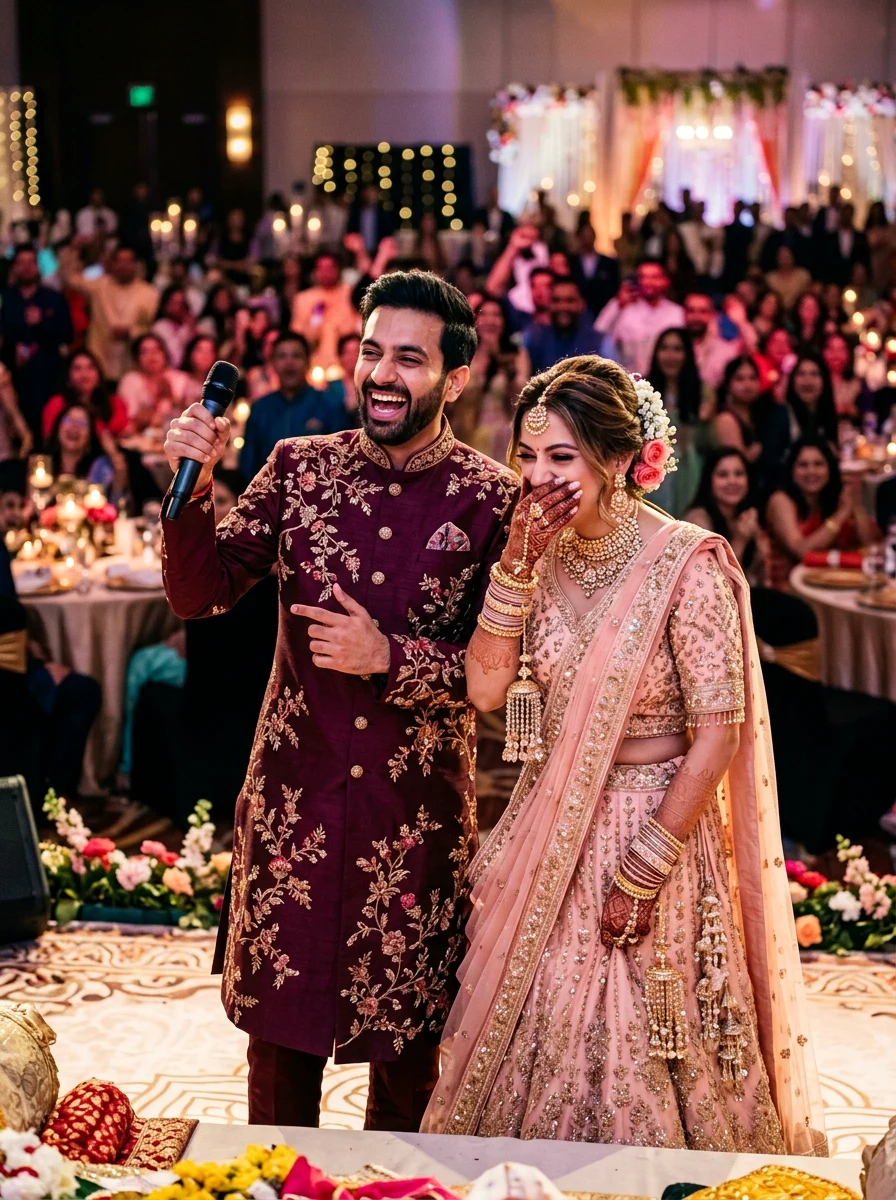Candid post-wedding reception stage laughter Indian traditional wedding prompt for Gemini