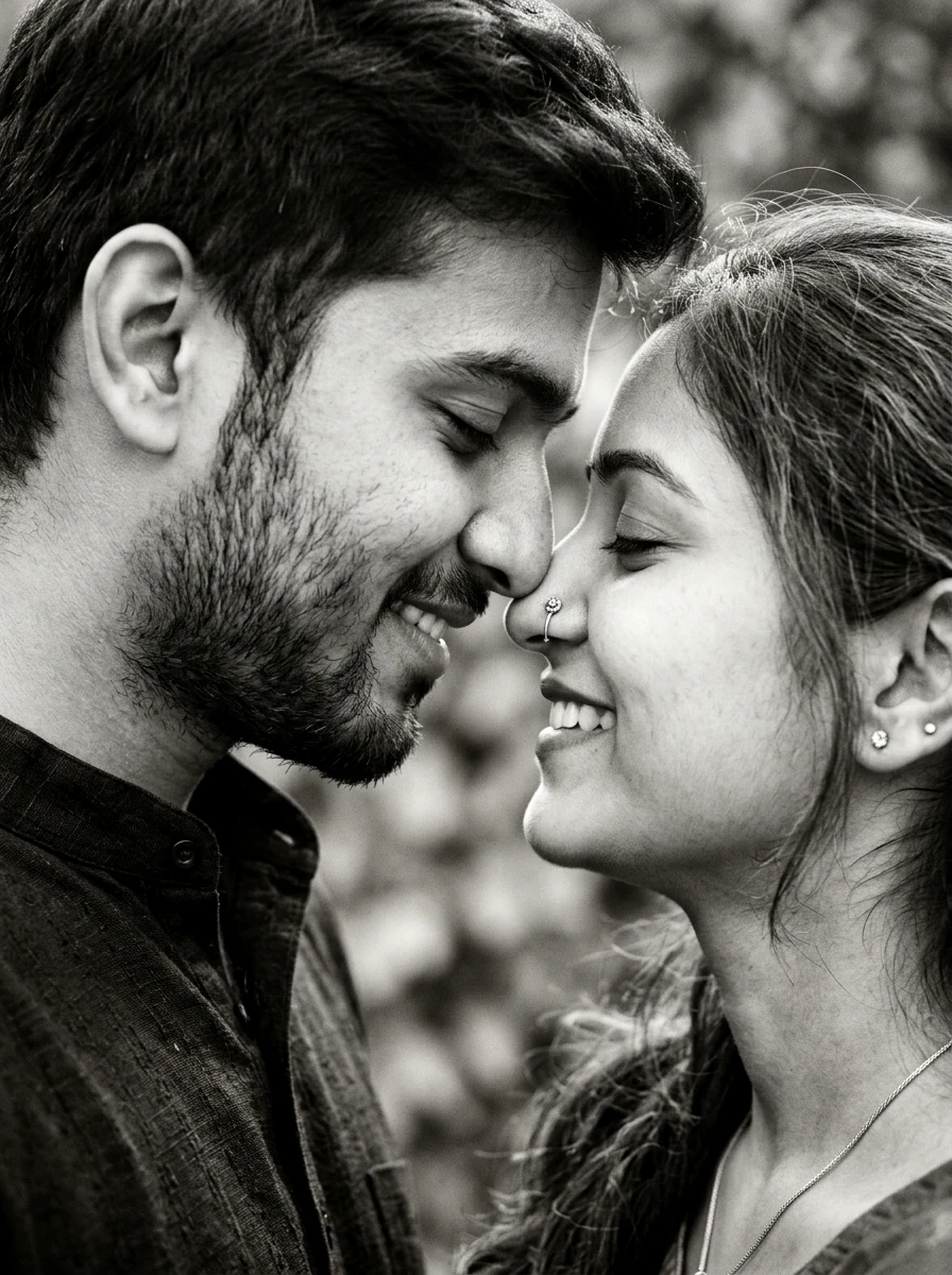 Best couple prompt ChatGPT aesthetic black and white intimate nose touch portrait