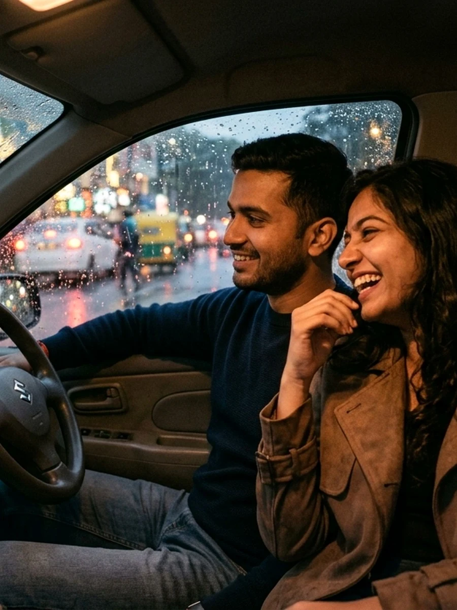 Couple prompt ChatGPT Instagram aesthetic rainy car windshield cozy evening date