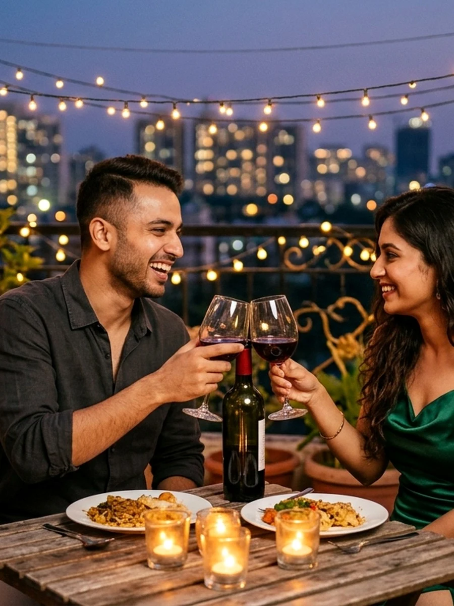 Aesthetic couple prompt ChatGPT twilight city rooftop garden skyline romance