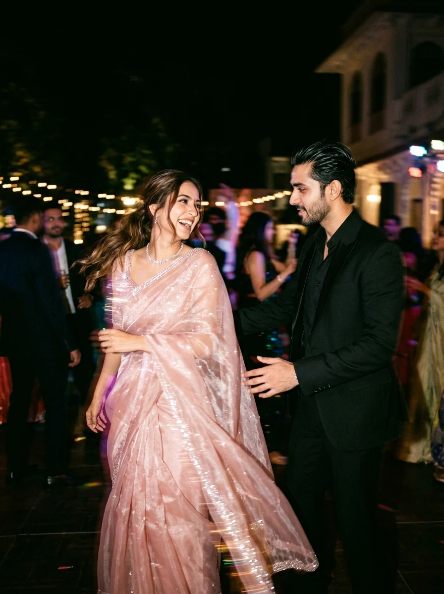 Couple aesthetic prompt ChatGPT vintage 35mm direct flash magenta organza saree party