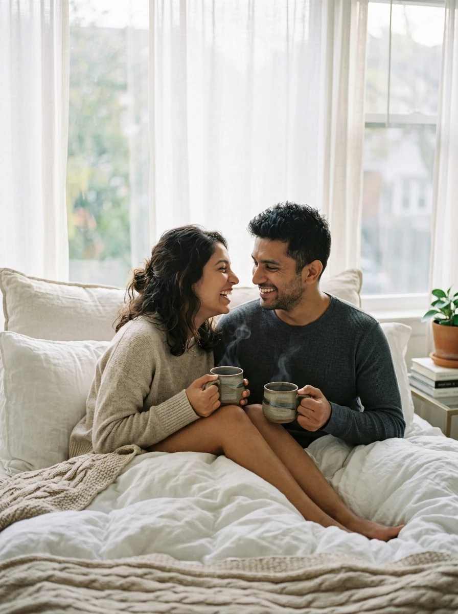 Couple eyes prompt ChatGPT aesthetic morning soft daylight candid laughter