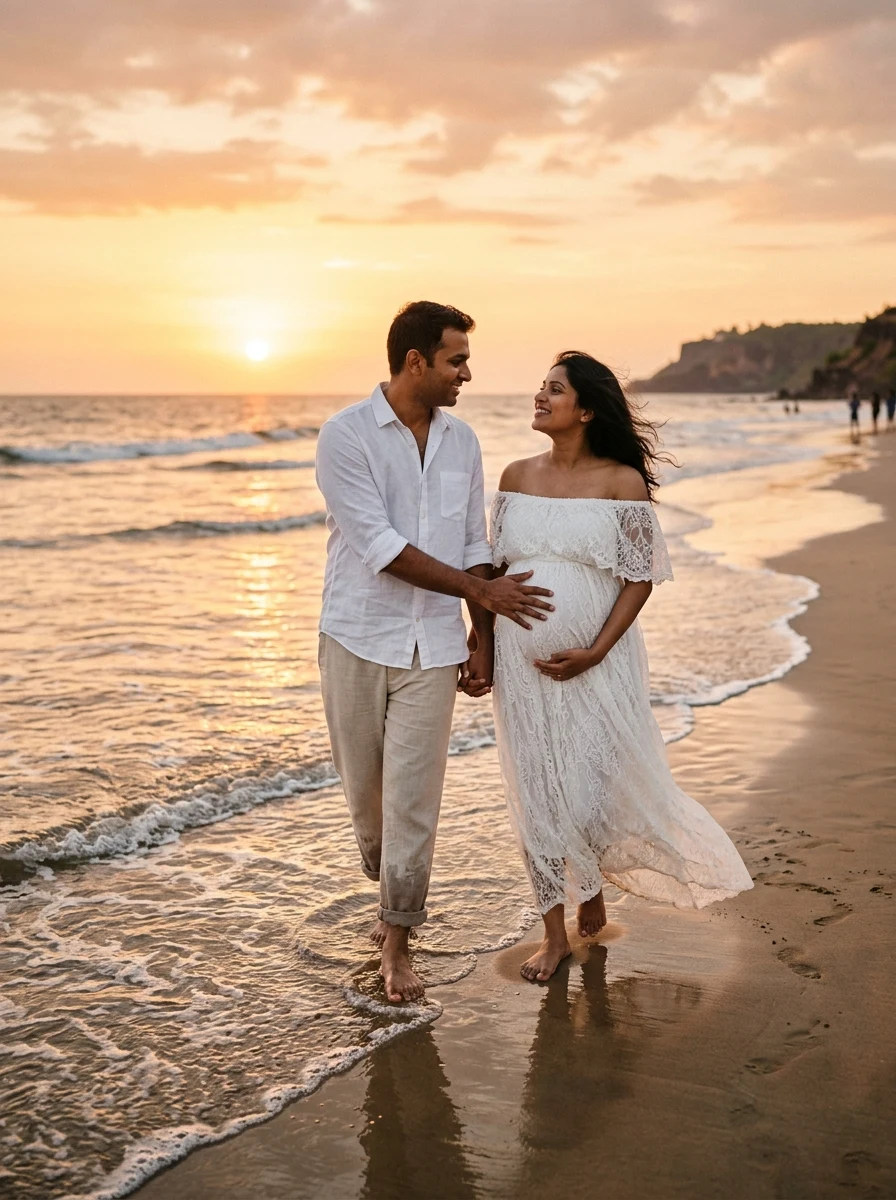 Barefoot ocean beach sunset stroll couple maternity photo prompt for Gemini AI