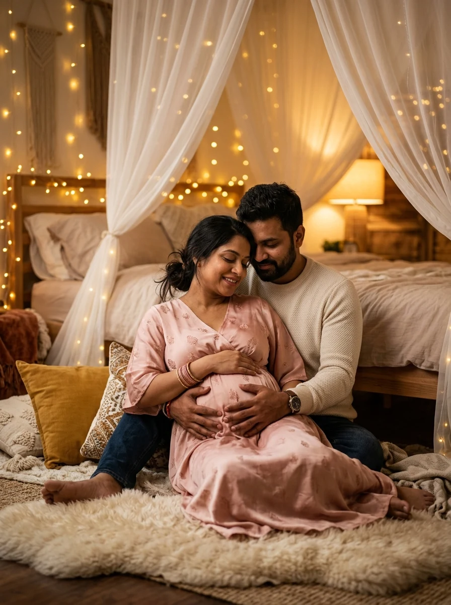 Cozy fairy lights bedroom canopy intimate couple maternity photoshoot prompt