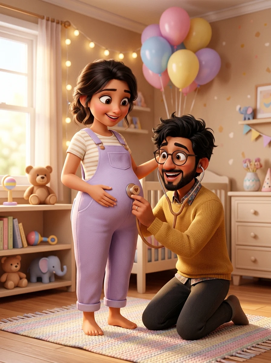 3D cute Pixar Disney style animated expecting couple maternity prompt for Gemini AI